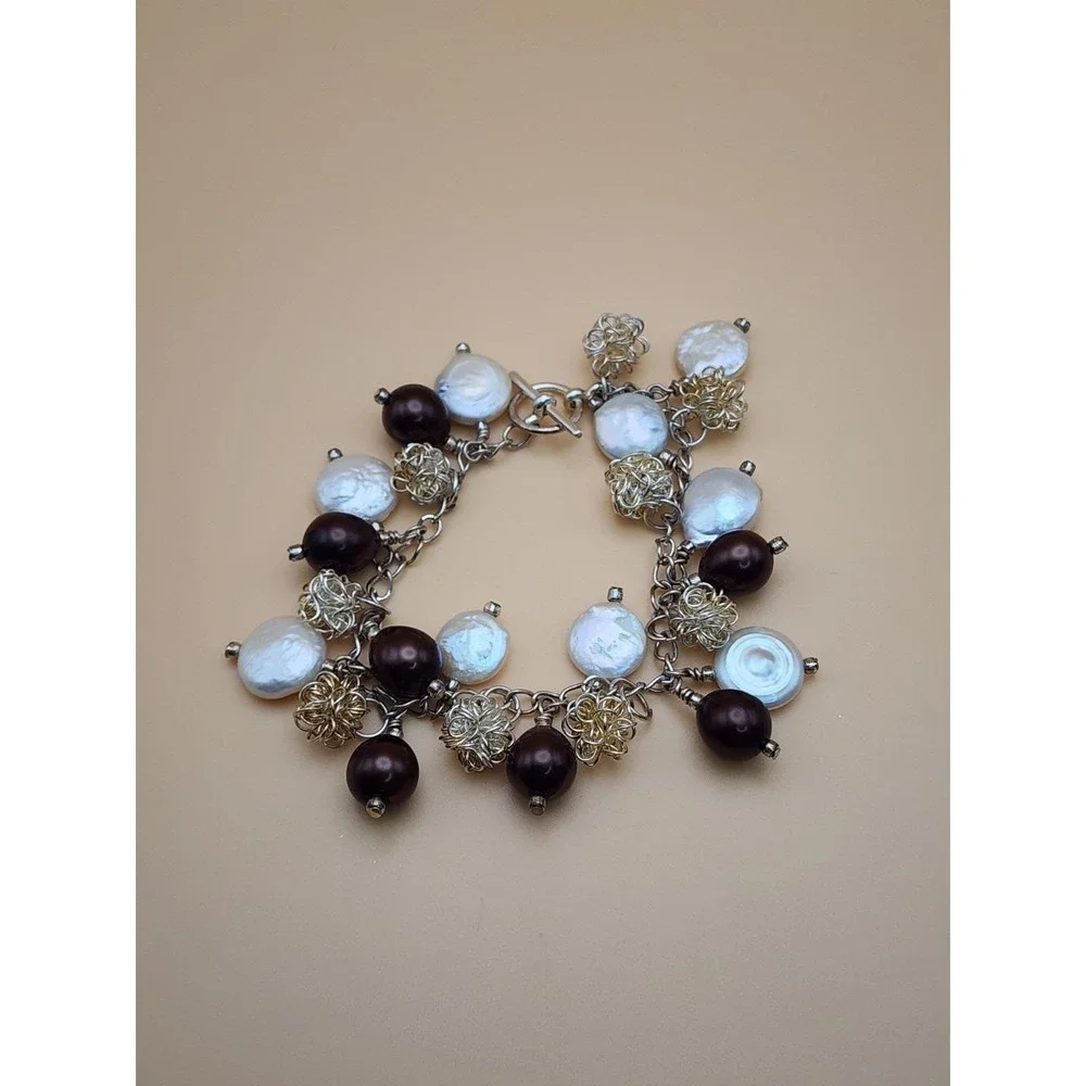 Vtg GENUINE Coin Pearl & Brown Glass Bead Bracelet Silver Wire Balls FREE $HIP!!